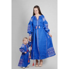 Boho Style Ukrainian Embroidered Mother + Daughter Set Blue with Red Embroidery